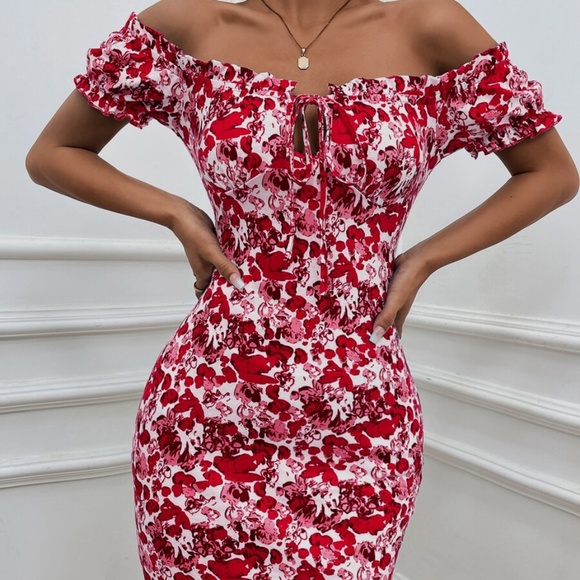 Boho Vibrant Blue Floral Print Off Shoulder Bodycon Dress - Picture 8 of 10